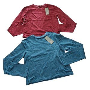 Wild Fable Set/2 L/S Crew Neck T-Shirts Semi Cropped Burgundy & Teal Blue Sz XS